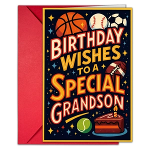 Detail of sports-themed birthday card with colorful balls and a vibrant red envelope