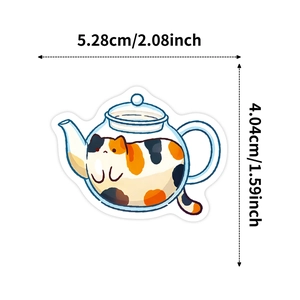 Detailed dimension chart of cute calico cat in a teapot decorative sticker