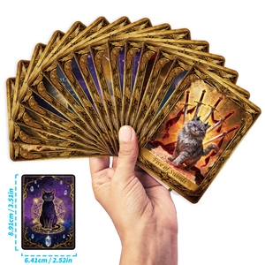 Detail view of Five of Swords whimsical cat tarot card with golden edges and moon phase back