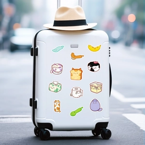 Cute Japanese cat stickers showing creative food and daily object designs on a suitcase