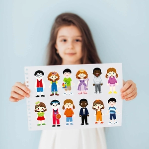 Autocollants de bricolage pour enfants avec 12 personnages de dessins animés sur fond bleu