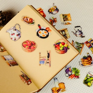 Macro detail of watercolor food PET stickers showing retro kitchen tools and ingredients