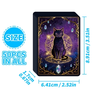 Detailed view of card sleeves dimensions and mystical black cat illustration packaging