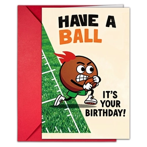 Close-up of football themed birthday card with red envelope and sports illustration
