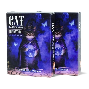 Cat Tarot Cards set for divination with whimsical cat wizard illustrations on purple boxes