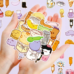 Detailed view of 56 cute waterproof cat stickers featuring creative cartoon food designs