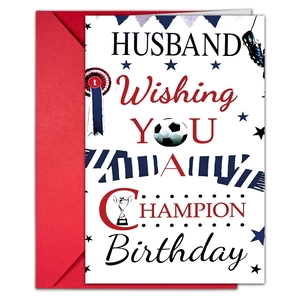 Detail of Husband soccer birthday card with a red envelope and champion trophy design