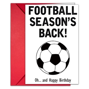 Football themed birthday card with red envelope featuring Football Season's Back text