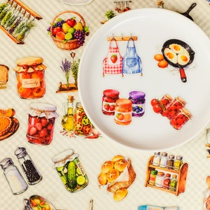 Watercolor kitchen and food PET stickers featuring jam jars, aprons and pans on a plate