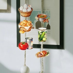 Detailed view of hand-drawn watercolor food stickers including bread and dill pickles