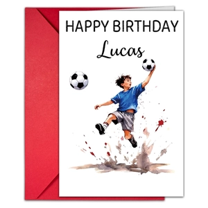 Detailed view of soccer birthday card with Lucas name and red envelope set