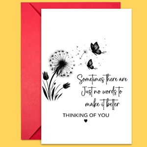 Detail of a white sympathy card with a red envelope on a vibrant yellow background