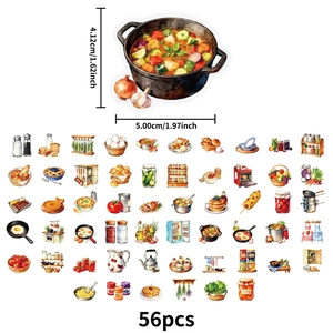 56-piece watercolor kitchen food PET stickers featuring cooking tools and ingredients