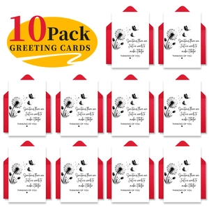 Detailed grid of 10 pack sympathy cards with dandelion art and matching red envelopes