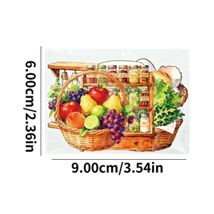 Watercolor kitchen PET sticker showing a fruit basket and spice rack, 9.00x6.00cm detail