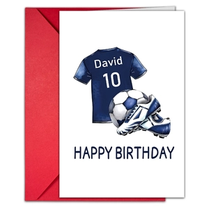 Detail of soccer themed birthday card with watercolor jersey illustration and red envelope