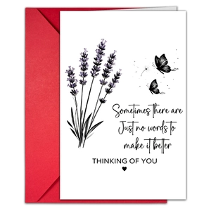 Detail of sympathy card featuring lavender and butterfly with red envelope
