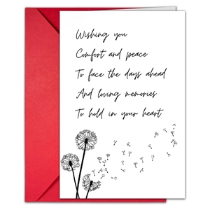 Detail of sympathy card with dandelion art and warm message alongside a red envelope