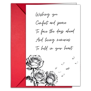 Funeral sympathy card set with black and white rose sketch and vibrant red envelope