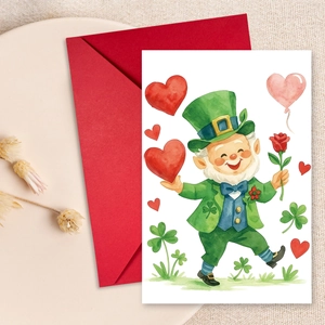 St. Patrick's Day Grußkarte Mit Rotem Umschlag Aquarell Leprechaun Illustration Glückskleeblatt Gestrichenes Papier Karte