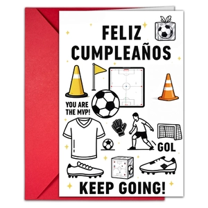 Detail of soccer themed birthday card with red envelope featuring MVP and goal illustrations