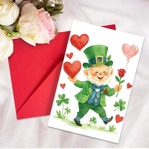 Detailaufnahme der Aquarell-Grußkarte mit Leprechaun und rotem Umschlag auf Seide