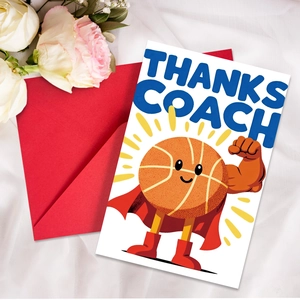 Detail of Thanks Coach basketball hero greeting card with a red envelope on silk