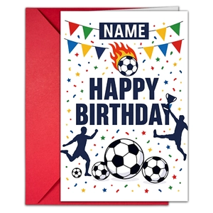 Soccer theme birthday card with red envelope featuring flame football and athlete silhouettes
