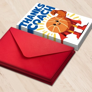 Sports theme thank you card set for coach with cartoon basketball character and red envelope