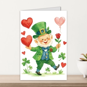 St. Patricks Day Karte mit Aquarell-Leprechaun und Kleeblättern auf Holzuntergrund