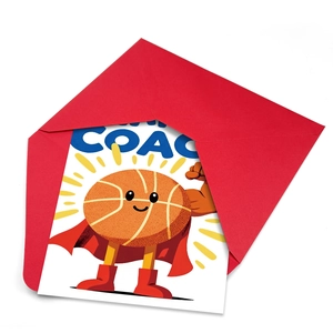 Cartoon basketball superhero coach greeting card with a bright red envelope set