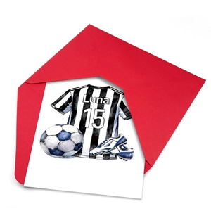 Set di biglietti d'auguri a tema calcio con busta rossa e grafica maglia e scarpette