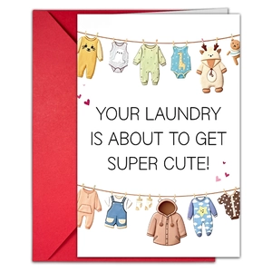 Set de cartes de vœux avec illustrations de vêtements bébé et enveloppe rouge cadeau
