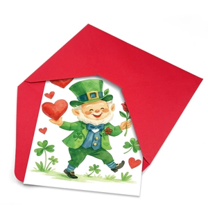 St. Patrick's Day Grußkartenset mit Aquarell-Kobold-Motiv und rotem Umschlag