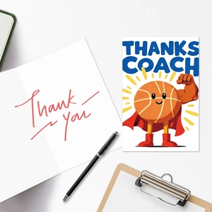 Detail of basketball hero Thank You Coach card set with envelope and office supplies