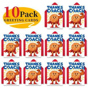 Close-up of 10 pack superhero basketball coach thank you cards with red envelopes