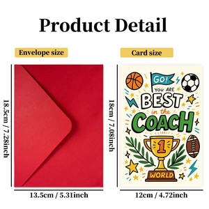 Set biglietti auguri per allenatore sportivo con busta rossa e icone per miglior coach