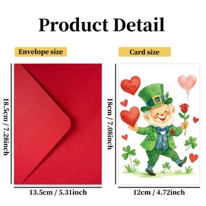 Aquarell-Grußkarte zum St. Patrick's Day mit Kleeblatt, Zwerg und rotem Herz-Motiv