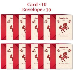 Cartes de vœux Année du Cheval 2026 avec enveloppes rouges et motifs de fleurs de prunier