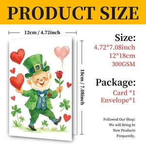 Tabella taglie dettagliata per biglietto San Patrizio con busta e specifiche 300GSM