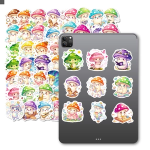 Detailed view of cute mushroom stickers applied on a tablet case for creative decoration