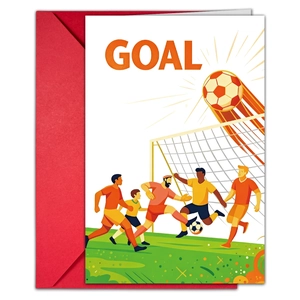 Dettaglio del biglietto d'auguri a tema calcio e busta rossa con grafica Goal