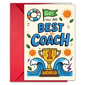 Dettaglio del biglietto d'auguri Best Coach con illustrazioni di trofei e busta rossa