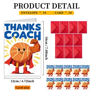 Detail of 10 basketball coach thank you cards with red envelopes for sports appreciation