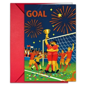 Dettaglio del biglietto d'auguri calcio con trofeo e busta rossa per tifosi