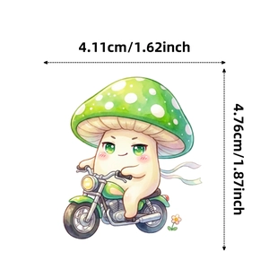 Detailed view showing a 4.11x4.76cm cute mushroom riding a motorcycle waterproof sticker