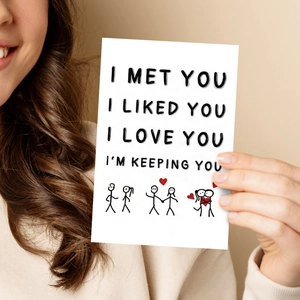 Minimalist white anniversary greeting card with romantic text and stick figure couple