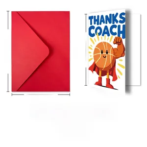 Detail of red envelope and basketball superhero card with coach thanks message