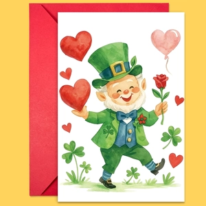 Detail der St. Patrick's Day Karte mit Aquarell-Kobold und rotem Umschlag