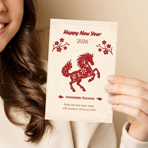 Carte de vœux Année du Cheval 2026 avec motif de cheval rouge et fleurs de prunier